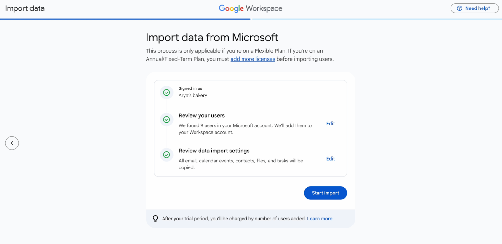 Google Workspace data import interface showing Microsoft migration options