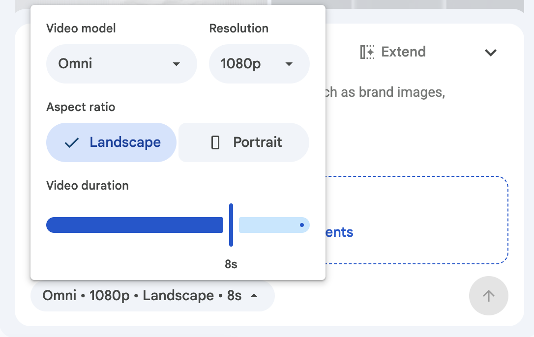 Gemini Omni 1.1 Flash interface in Google Vids showing extension and duration controls