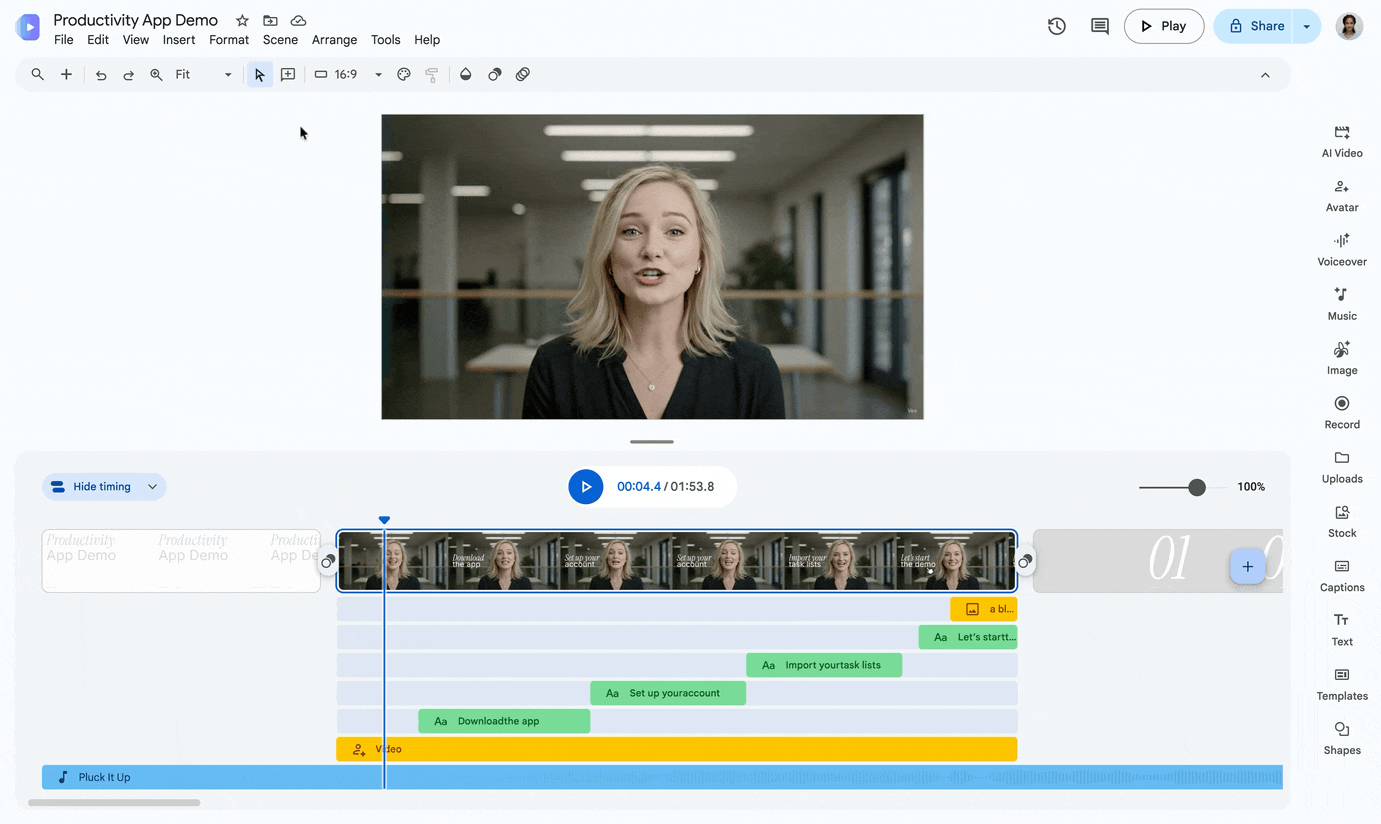 Point-in-time editing in Google Vids showing synchronised canvas and timeline