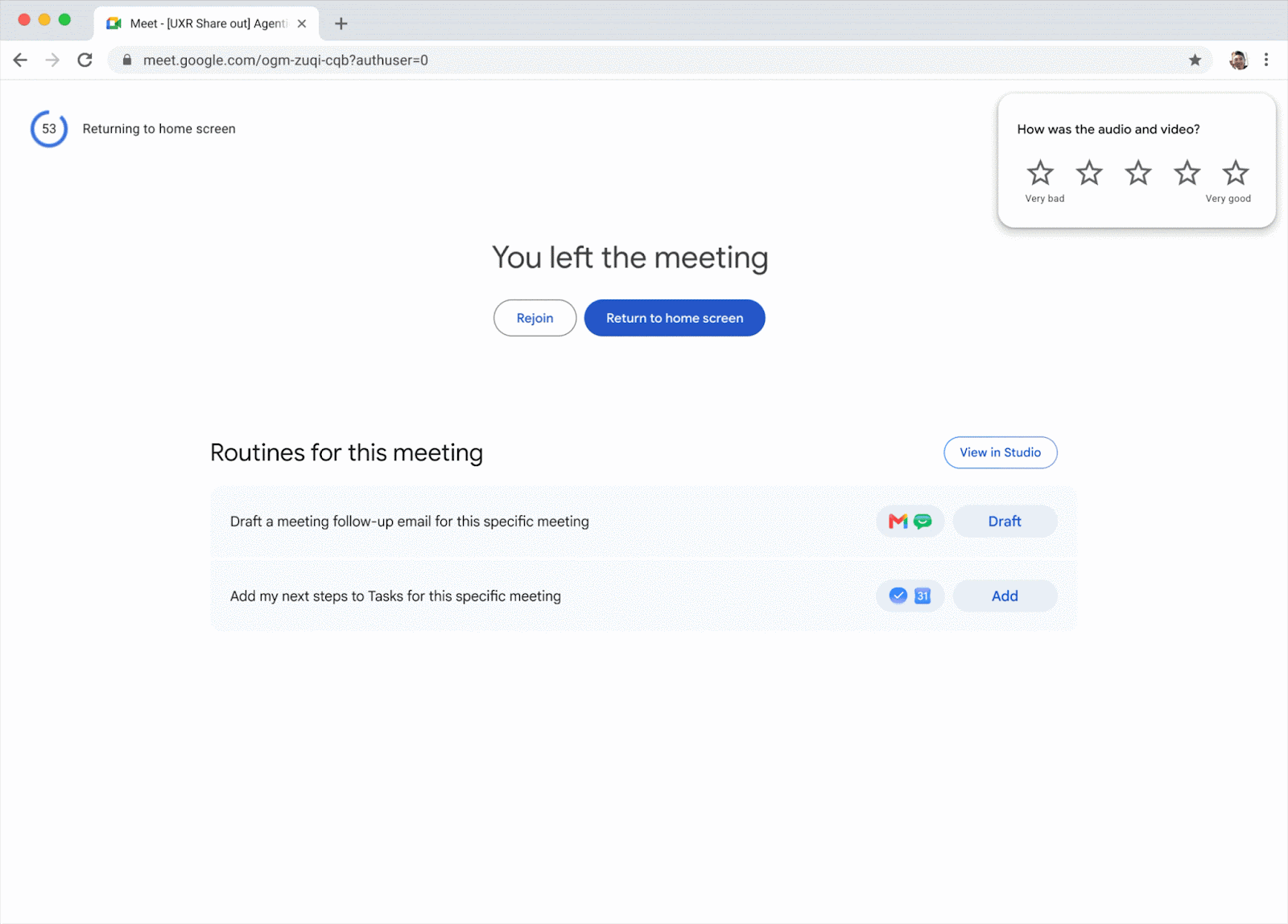 Draft a follow-up email or export action items to Google Tasks from the post-meeting screen