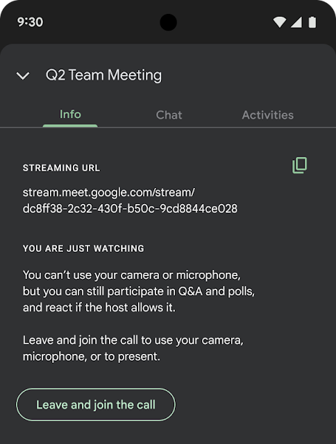 Android screen showing the option to switch from live stream viewer to meeting contributor