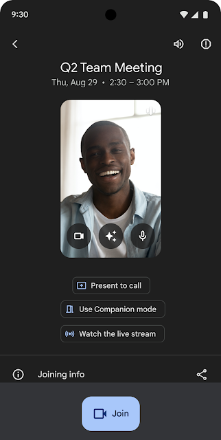 Mobile interface showing the transition workflow from stream to active meeting participation